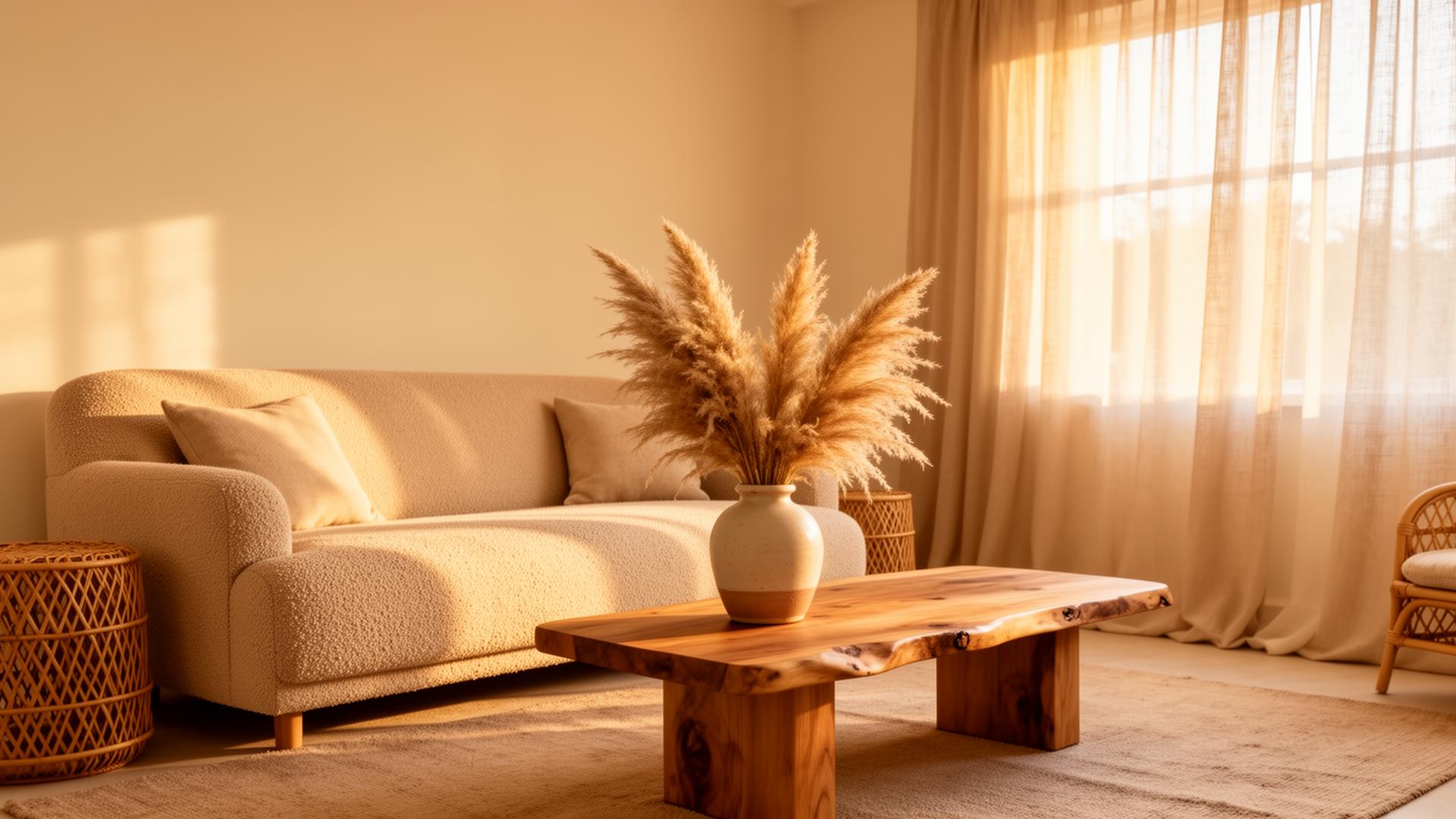 Sala con sofá beige y mesa de madera natural